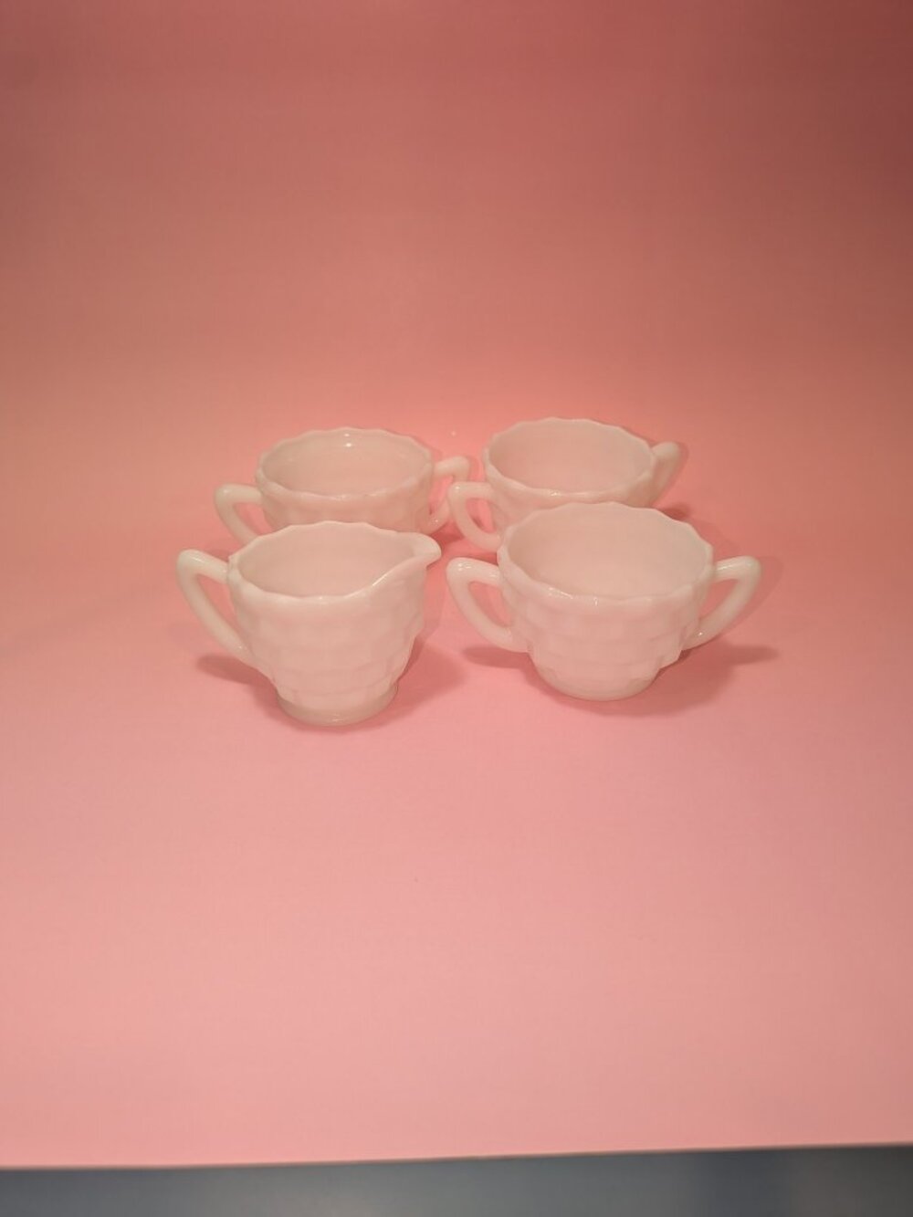Old Quilt Milk Glass Creamer Sugar Set of 4 Vintage